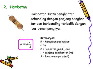 2.
2. Hambatan
Hambatan
Hambatan suatu penghantar
sebanding dengan panjang penghan-
tar dan berbanding terbalik dengan
luas penampangnya.
l
R
A


Keterangan:
R = hambatan peghantar
()
 = hambatan jenis (m)
l = panjang penghantar (m)
A = luas penampang (m2
)
 