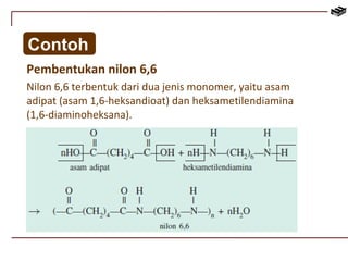 Contoh 
Pembentukan nilon 6,6 
Nilon 6,6 terbentuk dari dua jenis monomer, yaitu asam 
adipat (asam 1,6-heksandioat) dan heksametilendiamina 
(1,6-diaminoheksana). 
 