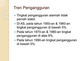Tren Pengangguran
 Tingkat pengangguran alamiah tidak
pernah stabil.
 Di AS, pada tahun 1950-an & 1960-an
tingkat pengangguran di bawah 5%.
 Pada tahun 1970-an & 1980-an tingkat
pengangguran di atas 6%.
 Pada tahun 1990-an tingkat pengangguran
di bawah 5%.
 