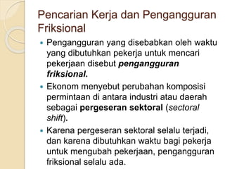 Pencarian Kerja dan Pengangguran
Friksional
 Pengangguran yang disebabkan oleh waktu
yang dibutuhkan pekerja untuk mencari
pekerjaan disebut pengangguran
friksional.
 Ekonom menyebut perubahan komposisi
permintaan di antara industri atau daerah
sebagai pergeseran sektoral (sectoral
shift).
 Karena pergeseran sektoral selalu terjadi,
dan karena dibutuhkan waktu bagi pekerja
untuk mengubah pekerjaan, pengangguran
friksional selalu ada.
 