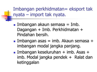 Imbangan perkhidmatan= eksport tak
nyata – import tak nyata.
 Imbangan akaun semasa = Imb.
Dagangan + Imb. Perkhidmatan +
Pindahan bersih.
 Imbangan asas = imb. Akaun semasa +
imbangan modal jangka panjang.
 Imbangan keseluruhan + imb. Asas +
imb. Modal jangka pendek + Ralat dan
ketinggalan
 