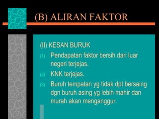 (B) ALIRAN FAKTOR
(II) KESAN BURUK
(1) Pendapatan faktor bersih dari luar
negeri terjejas.
(2) KNK terjejas.
(3) Buruh tempatan yg tidak dpt bersaing
dgn buruh asing yg lebih mahir dan
murah akan menganggur.
 
