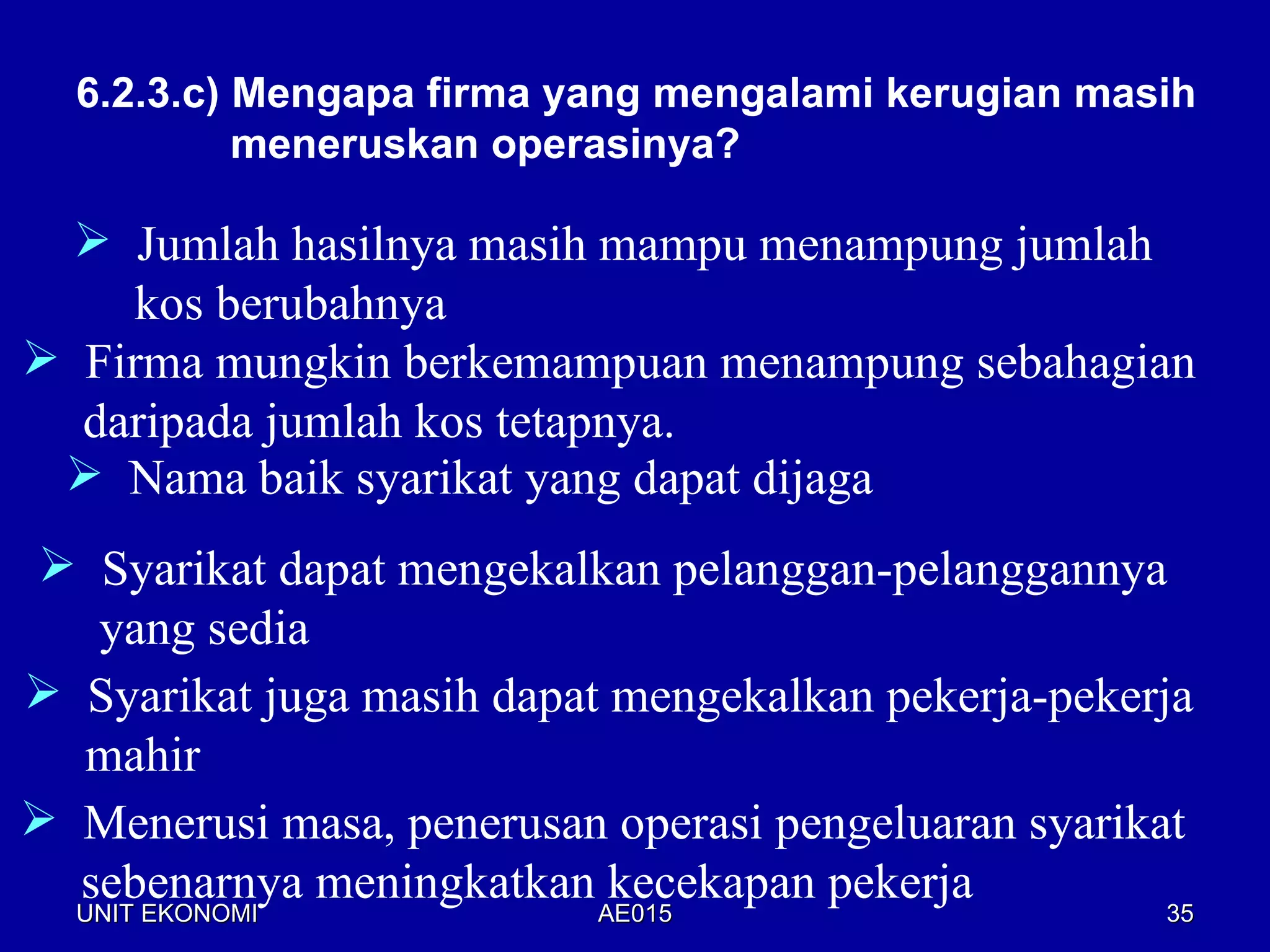 6.2.3.c) Mengapa firma yang mengalami kerugian masih
           meneruskan operasinya?

   Jumlah hasilnya masih mampu menampung jumlah
    kos berubahnya
 Firma mungkin berkemampuan menampung sebahagian
  daripada jumlah kos tetapnya.
  Nama baik syarikat yang dapat dijaga
 Syarikat dapat mengekalkan pelanggan-pelanggannya
   yang sedia
 Syarikat juga masih dapat mengekalkan pekerja-pekerja
  mahir
 Menerusi masa, penerusan operasi pengeluaran syarikat
  sebenarnya meningkatkan AE015
  UNIT EKONOMI
                            kecekapan pekerja         35
  UNIT EKONOMI             AE015                      35
 