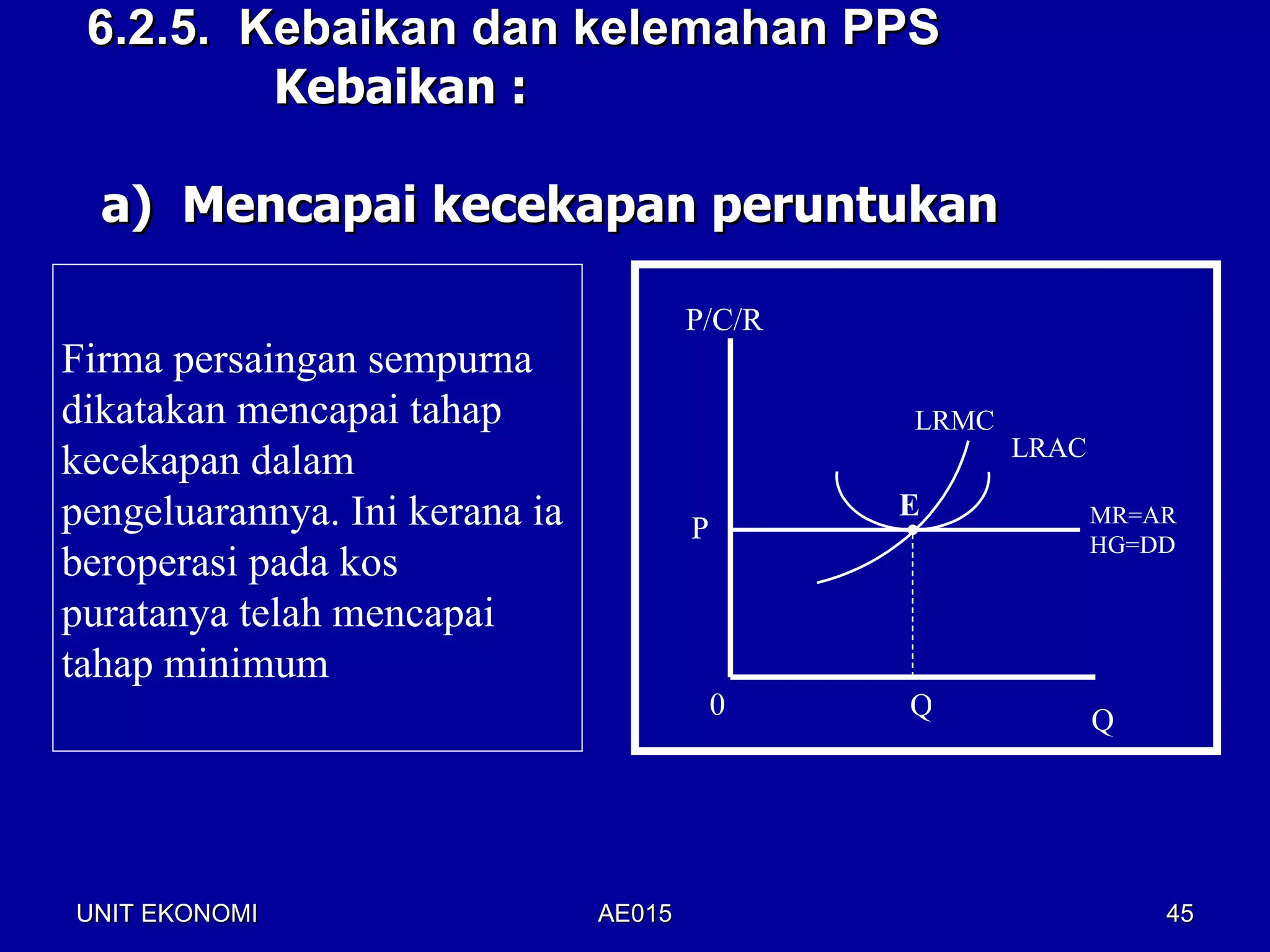 6.2.5. Kebaikan dan kelemahan PPS
         Kebaikan :

  a) Mencapai kecekapan peruntukan

                                        P/C/R
Firma persaingan sempurna
dikatakan mencapai tahap                        LRMC
                                                       LRAC
kecekapan dalam
pengeluarannya. Ini kerana ia           P
                                                E             MR=AR
                                                              HG=DD
beroperasi pada kos
puratanya telah mencapai
tahap minimum
                                            0   Q             Q




UNIT EKONOMI                    AE015                             45
 