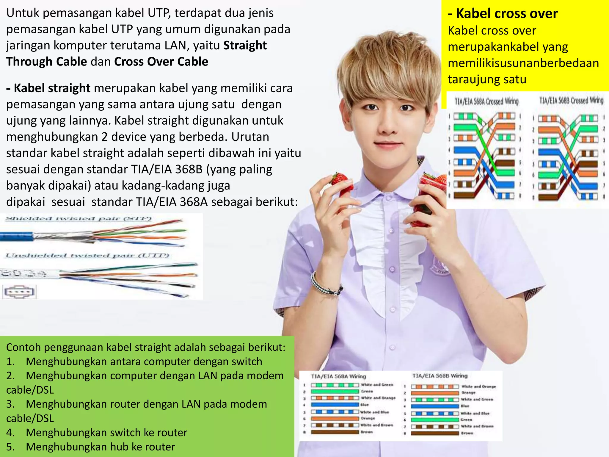 Untuk pemasangan kabel UTP, terdapat dua jenis
pemasangan kabel UTP yang umum digunakan pada
jaringan komputer terutama LAN, yaitu Straight
Through Cable dan Cross Over Cable
- Kabel straight merupakan kabel yang memiliki cara
pemasangan yang sama antara ujung satu dengan
ujung yang lainnya. Kabel straight digunakan untuk
menghubungkan 2 device yang berbeda. Urutan
standar kabel straight adalah seperti dibawah ini yaitu
sesuai dengan standar TIA/EIA 368B (yang paling
banyak dipakai) atau kadang-kadang juga
dipakai sesuai standar TIA/EIA 368A sebagai berikut:
Contoh penggunaan kabel straight adalah sebagai berikut:
1. Menghubungkan antara computer dengan switch
2. Menghubungkan computer dengan LAN pada modem
cable/DSL
3. Menghubungkan router dengan LAN pada modem
cable/DSL
4. Menghubungkan switch ke router
5. Menghubungkan hub ke router
- Kabel cross over
Kabel cross over
merupakankabel yang
memilikisusunanberbedaan
taraujung satu
 