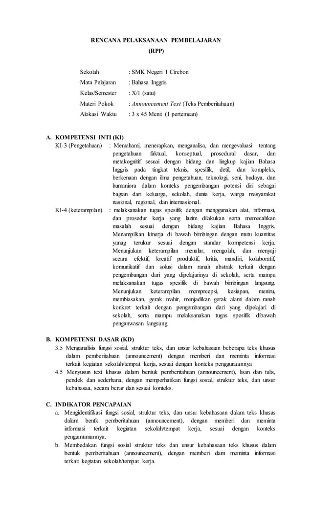 RPP announcement kelas X SMK kurikulum 2013 revisi