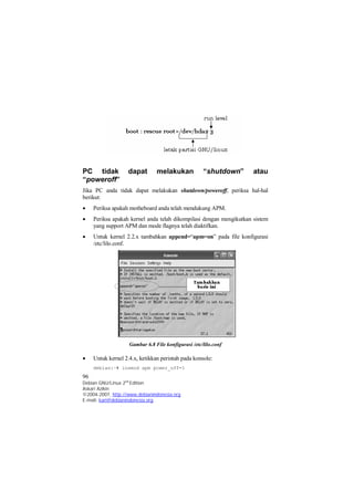 PC tidak dapat melakukan “shutdown” atau 
“poweroff” 
Jika PC anda tidak dapat melakukan shutdown/poweroff, periksa hal-hal 
berikut: 
 Periksa apakah motheboard anda telah mendukung APM. 
 Periksa apakah kernel anda telah dikompilasi dengan mengikutkan sistem 
yang support APM dan mode flagnya telah diaktifkan. 
 Untuk kernel 2.2.x tambahkan append=“apm=on” pada file konfigurasi 
/etc/lilo.conf. 
Gambar 6.8 File konfigurasi /etc/lilo.conf 
 Untuk kernel 2.4.x, ketikkan perintah pada konsole: 
debian:~# insmod apm power_off=1 
96 
Debian GNU/Linux 2nd Edition 
Askari Azikin 
©2004-2007, http://www.debianindonesia.org 
E-mail: kari@debianindonesia.org 
 