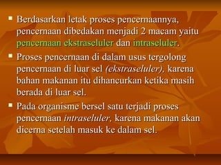  Berdasarkan letak proses pencernaannya,Berdasarkan letak proses pencernaannya,
pencernaan dibedakan menjadi 2 macam yaitupencernaan dibedakan menjadi 2 macam yaitu
pencernaan ekstraselulerpencernaan ekstraseluler dandan intraselulerintraseluler..
 Proses pencernaan di dalam usus tergolongProses pencernaan di dalam usus tergolong
pencernaan di luar selpencernaan di luar sel (ekstraseluler),(ekstraseluler), karenakarena
bahan makanan itu dihancurkan ketika masihbahan makanan itu dihancurkan ketika masih
berada di luar sel.berada di luar sel.
 Pada organisme bersel satu terjadi prosesPada organisme bersel satu terjadi proses
pencernaanpencernaan intraseluler,intraseluler, karena makanan akankarena makanan akan
dicerna setelah masuk ke dalam sel.dicerna setelah masuk ke dalam sel.
 