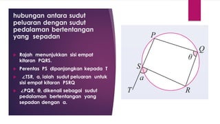 hubungan antara sudut
peluaran dengan sudut
pedalaman bertentangan
yang sepadan
 Rajah menunjukkan sisi empat
kitaran PQRS.
 Perentas PS dipanjangkan kepada T
 ∠TSR, a, ialah sudut peluaran untuk
sisi empat kitaran PSRQ
 ∠PQR, θ, dikenali sebagai sudut
pedalaman bertentangan yang
sepadan dengan a.
 
