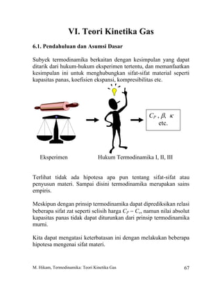 M. Hikam, Termodinamika: Teori Kinetika Gas 67
VI. Teori Kinetika Gas
6.1. Pendahuluan dan Asumsi Dasar
Subyek termodinamika berkaitan dengan kesimpulan yang dapat
ditarik dari hukum-hukum eksperimen tertentu, dan memanfaatkan
kesimpulan ini untuk menghubungkan sifat-sifat material seperti
kapasitas panas, koefisien ekspansi, kompresibilitas etc.
Eksperimen Hukum Termodinamika I, II, III
Terlihat tidak ada hipotesa apa pun tentang sifat-sifat atau
penyusun materi. Sampai disini termodinamika merupakan sains
empiris.
Meskipun dengan prinsip termodinamika dapat diprediksikan relasi
beberapa sifat zat seperti selisih harga CP − Cv, namun nilai absolut
kapasitas panas tidak dapat diturunkan dari prinsip termodinamika
murni.
Kita dapat mengatasi keterbatasan ini dengan melakukan beberapa
hipotesa mengenai sifat materi.
CP , β, κ
etc.
 