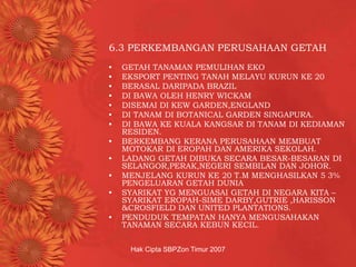 Hak Cipta SBPZon Timur 2007
6.3 PERKEMBANGAN PERUSAHAAN GETAH
• GETAH TANAMAN PEMULIHAN EKO
• EKSPORT PENTING TANAH MELAYU KURUN KE 20
• BERASAL DARIPADA BRAZIL
• DI BAWA OLEH HENRY WICKAM
• DISEMAI DI KEW GARDEN,ENGLAND
• DI TANAM DI BOTANICAL GARDEN SINGAPURA.
• DI BAWA KE KUALA KANGSAR DI TANAM DI KEDIAMAN
RESIDEN.
• BERKEMBANG KERANA PERUSAHAAN MEMBUAT
MOTOKAR DI EROPAH DAN AMERIKA SEKOLAH.
• LADANG GETAH DIBUKA SECARA BESAR-BESARAN DI
SELANGOR,PERAK,NEGERI SEMBILAN DAN JOHOR.
• MENJELANG KURUN KE 20 T.M MENGHASILKAN 5 3%
PENGELUARAN GETAH DUNIA
• SYARIKAT YG MENGUASAI GETAH DI NEGARA KITA –
SYARIKAT EROPAH-SIME DARBY,GUTRIE ,HARISSON
&CROSFIELD DAN UNITED PLANTATIONS.
• PENDUDUK TEMPATAN HANYA MENGUSAHAKAN
TANAMAN SECARA KEBUN KECIL.
 
