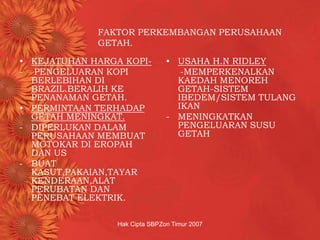 Hak Cipta SBPZon Timur 2007
FAKTOR PERKEMBANGAN PERUSAHAAN
GETAH.
• KEJATUHAN HARGA KOPI-
- PENGELUARAN KOPI
BERLEBIHAN DI
BRAZIL.BERALIH KE
PENANAMAN GETAH.
• PERMINTAAN TERHADAP
GETAH MENINGKAT.
- DIPERLUKAN DALAM
PERUSAHAAN MEMBUAT
MOTOKAR DI EROPAH
DAN US
- BUAT
KASUT,PAKAIAN,TAYAR
KENDERAAN,ALAT
PERUBATAN DAN
PENEBAT ELEKTRIK.
• USAHA H.N RIDLEY
-MEMPERKENALKAN
KAEDAH MENOREH
GETAH-SISTEM
IBEDEM/SISTEM TULANG
IKAN
- MENINGKATKAN
PENGELUARAN SUSU
GETAH
 