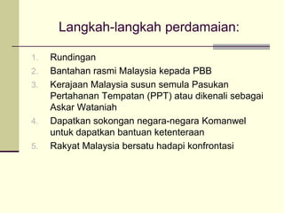 Langkah-langkah perdamaian:

1.   Rundingan
2.   Bantahan rasmi Malaysia kepada PBB
3.   Kerajaan Malaysia susun semula Pasukan
     Pertahanan Tempatan (PPT) atau dikenali sebagai
     Askar Wataniah
4.   Dapatkan sokongan negara-negara Komanwel
     untuk dapatkan bantuan ketenteraan
5.   Rakyat Malaysia bersatu hadapi konfrontasi
 