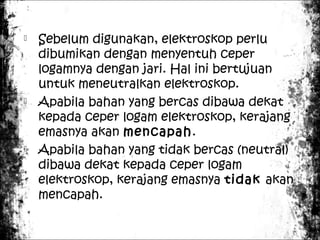 





Sebelum digunakan, elektroskop perlu
dibumikan dengan menyentuh ceper
logamnya dengan jari. Hal ini bertujuan
untuk meneutralkan elektroskop.
Apabila bahan yang bercas dibawa dekat
kepada ceper logam elektroskop, kerajang
emasnya akan mencapah.
Apabila bahan yang tidak bercas (neutral)
dibawa dekat kepada ceper logam
elektroskop, kerajang emasnya tidak akan
mencapah.

 