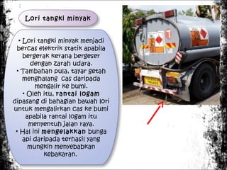 Lori tangki minyak
• Lori tangki minyak menjadi
bercas elektrik statik apabila
bergerak kerana bergeser
dengan zarah udara.
• Tambahan pula, tayar getah
menghalang cas daripada
mengalir ke bumi.
• Oleh itu, rantai logam
dipasang di bahagian bawah lori
untuk mengalirkan cas ke bumi
apabila rantai logam itu
menyentuh jalan raya.
• Hal ini mengelakkan bunga
api daripada terhasil yang
mungkin menyebabkan
kebakaran.

 