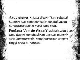 



Arus elektrik juga ditakrifkan sebagai
kuantiti cas yang mengalir melalui suatu
konduktor dalam masa satu saat.
Penjana Van de Graaff adalah satu alat
yang dapat menghasilkan cas-cas elektrik
(cas elektrostatik) yang bervoltan sangat
tinggi pada kubahnya.

 
