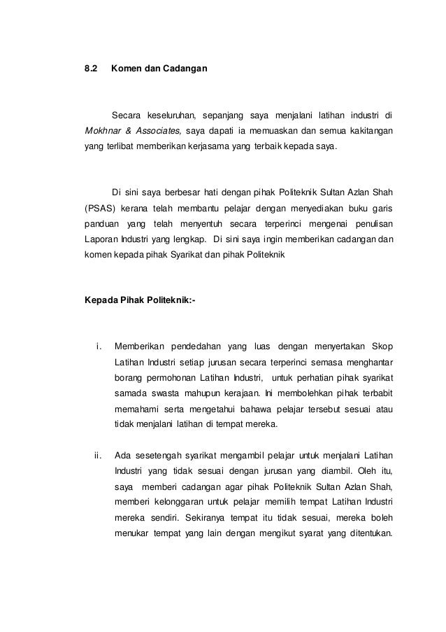 Industri latihan komen cadangan dan LAPORAN AKHIR