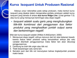 Kurva Isoquant Untuk Produsen Rasional
 Isoquant adalah suatu garis yang menghubungkan
titik-titik kombinasi dari penggunaan dua faktor
produksi yang menghasilkan jumlah output sama
dan berkemiringan negatif.
Adanya unsur rationalitas pada setiap produsen, maka bentuk kurva
isoquant yang dipakai dalam menganalisa perilaku produsen adalah kurva
isoquant yang berada di antara dua kurva Ridge Line. (Lihat gambar 7.5)
atau kurva yang mempunyai kemiringan atau slope negatif .
Sifat dari kurva isoquant adalah (Willian A.McEachern; 2000)
1. Mempunyai slope negatif, artinya menurun dari kiri atas kekanan bawah,
karena kedua faktor produksi saling bersubstitusi artinya jika satu
variabel ditambah penggunaannya maka faktor lain akan dikurangi
penggunaannya.
2. Cembung ke arah titik origin atau titik nol.
3. Tidak berpotongan satu sama lain.
4. Semakin jauh dari titik nol menunjukan bahwa tingkat/jumlah produksi
makin besar.
 