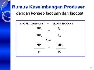 27
SLOPE ISOQUANT = SLOPE ISOCOST
MPL PL
________ = _______
MPK PK
Atau
MPL MPK
________ = _______
PL PK
Rumus Keseimbangan Produsen
dengan konsep Isoquan dan Isocost
 
