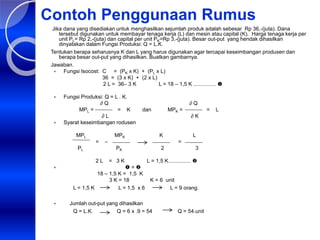 Contoh Penggunaan Rumus
Jika dana yang disediakan untuk menghasilkan sejumlah produk adalah sebesar Rp 36,-(juta). Dana
tersebut digunakan untuk membayar tenaga kerja (L) dan mesin atau capital (K). Harga tenaga kerja per
unit PL= Rp 2,-(juta) dan capital per unit PK=Rp 3,-(juta). Besar out-put yang hendak dihasilkan
dinyatakan dalam Fungsi Produksi: Q = L.K.
Tentukan berapa seharusnya K dan L yang harus digunakan agar tercapai keseimbangan produsen dan
berapa besar out-put yang dihasilkan. Buatkan gambarnya.
Jawaban.
 Fungsi Isocost: C = (PK x K) + (PL x L)
36 = (3 x K) + (2 x L)
2 L = 36– 3 K L = 18 – 1,5 K ............... 
 Fungsi Produksi: Q = L . K.
∂ Q ∂ Q
MPL = = K dan MPK = = L
∂ L ∂ K
 Syarat keseimbangan rodusen
MPL MPK K L
= – =
PL PK 2 3
2 L = 3 K L = 1,5 K............... 
  = 
18 – 1,5 K = 1,5 K
3 K = 18 K = 6 unit
L = 1,5 K L = 1,5 x 6 L = 9 orang.
 Jumlah out-put yang dihasilkan
Q = L.K. Q = 6 x .9 = 54 Q = 54.unit
 