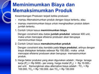 Meminimumkan Biaya dan
Memaksimumkan Produk
Keseimbangan Produsen terjadi ketika produsen
 mampu Memaksimumkan produk dengan biaya tertentu, atau
 mampu meminimumkan biaya untuk menghasilkan produk dalam
jumlah tertentu.
1. Contoh Untuk kasus meminimumkan biaya.
Dengan constraint atau batas jumlah produksi sebesar 400 unit,
maka untuk mencapai efisiensi produsen akan berupaya
meminimumkan biaya
2. Contoh Untuk kasus memaksimumkan produk
Dengan constraint atau kendala pada biaya produksi, artinya dengan
biaya ditetapkan terbatas sebesar Rp 150.000,- maka untuk
mencapai efisiensi produsen akan berupaya memasimumkan
produk.
3. Harga faktor produksi yang akan digunakan adalah ; Harga tenaga
kerja (PL) = Rp 5000,- per orang, harga modal (PK) = Rp 10.000,-
per unit. Kemungkinan atau alternative biaya adalah : TC1 = Rp
100.000, TC2 = Rp 150.000. dan TC3 = Rp 150.000
 