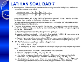 LATIHAN SOAL BAB 7
5. Seorang petani cabe mempunyai pilihan kombinasi barang modal dan tenaga kerja di bawah ini
untuk menghasilkan 10 ton cabe
Bila upah tenaga kerja Rp. 10.000,- per orang dan harga modal Rp. 20.000,- per unit, hitunglah
kombinasi biaya yang harus dikeluarkan petani cabe tersebut
Tentukan kombinasi mana yang menunjukkan Least Cost Combination dan Gambarkan tempat
kedudukan Least Cost Combination
6. Produsen B menyediaan dana sebesar Rp. 500.000.000,- yang akan digunakan untuk membeli
input mesin (K) dan tenaga kerja (L). Harga mesin adalah Rp.50.000.000,- dan upah tenaga kerja
Rp.100.000,- per hari kerja.
a. Nyatakan persamaan isocost nya dan gambarkan grafiknya
b. Apabila kombinasi kuantitas L = 1000 dan K = 8 dan pada L = 4000 K = 2, maka output yang
dihasilkan 750 unit, gambarkan isoquantnya pada grafik no. A
c. Apabila ingin menghasilkan output sebesar 1000 unit maka harus menggunakan kombinasi K
= 5 dan L = sejumlah tertentu (hitung!), gambarkan kembali kondisi ini pada grafik yang ada
7. PT “ALNI” dihadapkan pada fungsi produksi sebagai berikut:
Q = 0,8K2 + 0,4KL + 0,6L2
Q = output (unit); K = input modal yang diukur dengan banyaknya komputer yang digunakan
(jam);
L = input tenaga kerja yang diukur dalam jam kerja yang digunakan
a. Tentukan fungsi produksi : MPL, MPK, APL, dan APK
b.. Jika tingkat penggunaan input modal sebesar K = 40 jam kerja/minggu, dan input labor
sebesar L = 150 jam kerja/minggu, tentukan: output total (Q), APL, APK, MPL, MPK
c.. Jika tingkat upah tenaga kerja = $8/jam dan sewa computer = $10/jam, apakah PT “ALNI”
telah menggunakan kombinasi optimum untuk penggunaan kedua input tersebut?
Jumlah pekerja (orang 60 50 40 30 25
Jumlah modal (unit) 3 5 8 10 15
 
