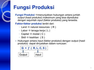 5
Fungsi Produksi
Fungsi Produksi menunjukkan hubungan antara jumlah
output (hasil produksi) maksimum yang bisa diproduksi
dengan sejumlah input (faktor produksi) yang tersedia.
Faktor-faktor produksi terdiri dari:
◦ Land  natural resources ( R )
◦ Labor  tenaga kerja ( L )
◦ Capital  modal ( C )
◦ Skill  keahlian ( S )
 Hubungan antara input (faktor produksi) dengan output (hasil
produksi) dapat dinyatakan dalam rumusan:
Q = ƒ ( R, L, C, S )
Output input
 
