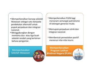 • Memperkenalkan konsep sekolah
Wawasan sebagai satu daripada
pendekatan alternatif untuk
pupuk perpaduan dan integrasi
nasional.
• Menggabungkan dengan
membina dua atau tiga buah
sekolah rendah yang berlainan
bahasa pengantar.
• Memperkenalkan PLKN bagi
menanam semangat patriotisme
di kalangan generasi muda.
• Memupuk perpaduan etnik dan
integrasi nasional.
• Membentuk perwatakan positif
menerusi nilai-nilai murni.
 
