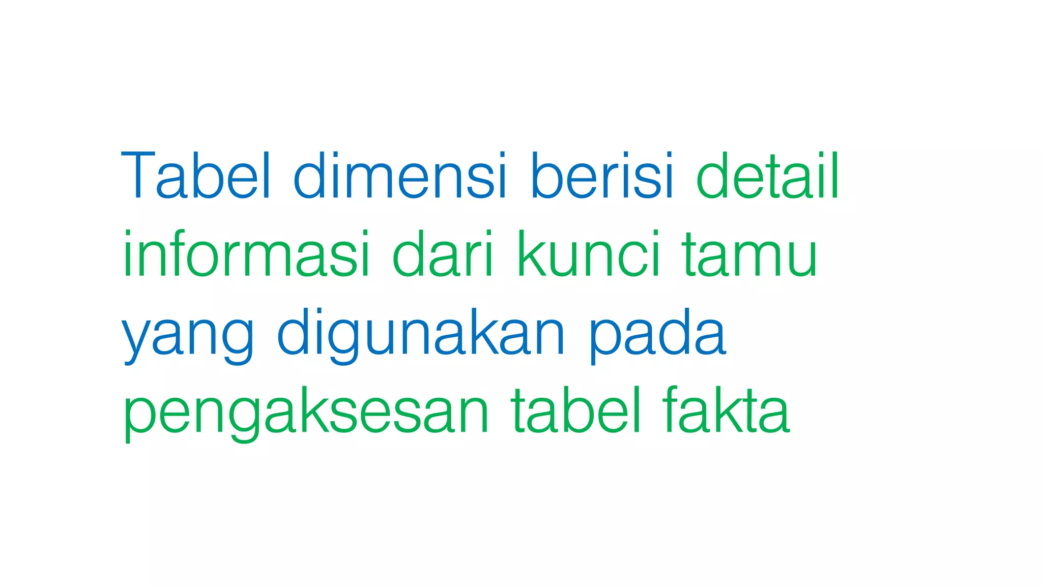 Tabel dimensi berisi detail
informasi dari kunci tamu
yang digunakan pada
pengaksesan tabel fakta
 