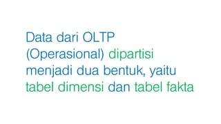 Data dari OLTP
(Operasional) dipartisi
menjadi dua bentuk, yaitu
tabel dimensi dan tabel fakta
 