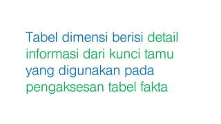 Tabel dimensi berisi detail
informasi dari kunci tamu
yang digunakan pada
pengaksesan tabel fakta
 