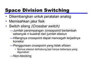 Space Division Switching
• Dikembangkan untuk peralatan analog
• Memisahkan jalur fisik
• Switch silang (Crossbar switch)
—Jumlah persimpangan (crosspoint) bertambah
sebanyak n kuadrat dari jumlah stasiun
—Hilangnya crosspoint dapat mencegah terjadinya
koneksi
—Penggunaan crosspoint yang tidak efisien
• Semua stasiun terhubung,tapi hanya beberapa yang
digunakan
—Non-blocking
 