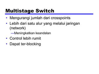 Multistage Switch
• Mengurangi jumlah dari crosspoints
• Lebih dari satu alur yang melalui jaringan
(network)
—Meningkatkan keandalan
• Control lebih rumit
• Dapat ter-blocking
 