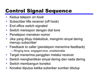 Control Signal Sequence
• Kedua telepon on hook
• Subscriber lifts receiver (off hook)
• End office switch signaled
• Switch merespon dengan dial tone
• Penelepon menekan nomor
• Jika yang dituju tidaksibuk, mengirim sinyal dering
menuju subscriber
• Feedback to caller (penelepon menerima feedback)
—Ringing tone, engaged tone, unobtainable
• Target menerima panggilan melalui receiver
• Switch menghentikan sinyal dering dan nada dering
• Switch membangun koneksi
• Koneksi diputus ketika subsriber sumber ditutup
 