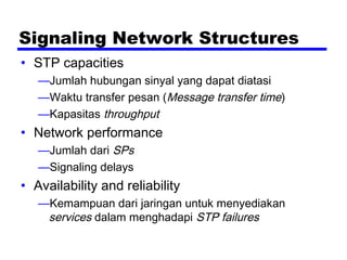 Signaling Network Structures
• STP capacities
—Jumlah hubungan sinyal yang dapat diatasi
—Waktu transfer pesan (Message transfer time)
—Kapasitas throughput
• Network performance
—Jumlah dari SPs
—Signaling delays
• Availability and reliability
—Kemampuan dari jaringan untuk menyediakan
services dalam menghadapi STP failures
 