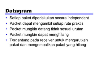 Datagram
• Setiap paket diperlakukan secara independent
• Packet dapat mengambil setiap rute praktis
• Packet mungkin datang tidak sesuai urutan
• Packet mungkin dapat menghilang
• Tergantung pada receiver untuk mengurutkan
paket dan mengembalikan paket yang hilang
 