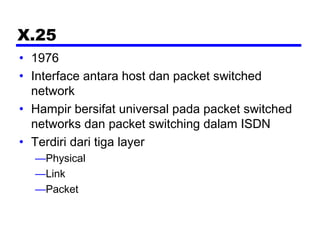 X.25
• 1976
• Interface antara host dan packet switched
network
• Hampir bersifat universal pada packet switched
networks dan packet switching dalam ISDN
• Terdiri dari tiga layer
—Physical
—Link
—Packet
 