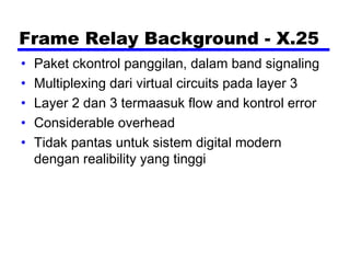 Frame Relay Background - X.25
• Paket ckontrol panggilan, dalam band signaling
• Multiplexing dari virtual circuits pada layer 3
• Layer 2 dan 3 termaasuk flow and kontrol error
• Considerable overhead
• Tidak pantas untuk sistem digital modern
dengan realibility yang tinggi
 