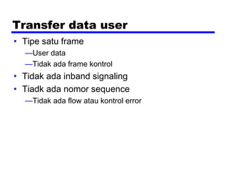 Transfer data user
• Tipe satu frame
—User data
—Tidak ada frame kontrol
• Tidak ada inband signaling
• Tiadk ada nomor sequence
—Tidak ada flow atau kontrol error
 