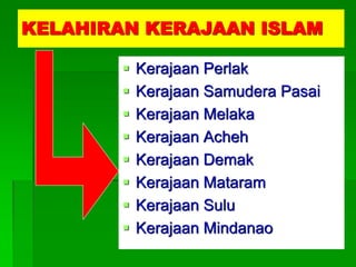 KELAHIRAN KERAJAAN ISLAM

           Kerajaan Perlak
           Kerajaan Samudera Pasai
           Kerajaan Melaka
           Kerajaan Acheh
           Kerajaan Demak
           Kerajaan Mataram
           Kerajaan Sulu
           Kerajaan Mindanao
 