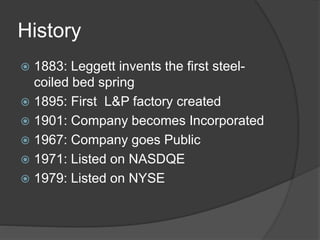 History
 1883: Leggett invents the first steel-
coiled bed spring
 1895: First L&P factory created
 1901: Company becomes Incorporated
 1967: Company goes Public
 1971: Listed on NASDQE
 1979: Listed on NYSE
 