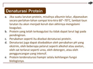 Denaturasi Protein 
a. Jika suatu larutan protein, misalnya albumin telur, dipanaskan 
secara perlahan-lahan sampai kira-kira 60°–70°C, lambat-laun 
larutan itu akan menjadi keruh dan akhirnya mengalami 
koagulasi. 
b. Protein yang telah terkoagulasi itu tidak dapat larut lagi pada 
pendinginan. 
c. Perubahan seperti itu disebut denaturasi protein. 
d. Denaturasi juga dapat disebabkan oleh perubahan pH yang 
ekstrim, oleh beberapa pelarut seperti alkohol atau aseton, 
oleh zat terlarut seperti urea, oleh detergen, atau oleh 
pengguncangan yang intensif. 
e. Protein terdenaturasi hampir selalu kehilangan fungsi 
biologisnya. 
 