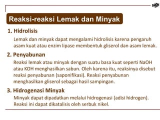 Reaksi-reaksi Lemak dan Minyak 
1. Hidrolisis 
Lemak dan minyak dapat mengalami hidrolisis karena pengaruh 
asam kuat atau enzim lipase membentuk gliserol dan asam lemak. 
2. Penyabunan 
Reaksi lemak atau minyak dengan suatu basa kuat seperti NaOH 
atau KOH menghasilkan sabun. Oleh karena itu, reaksinya disebut 
reaksi penyabunan (saponifikasi). Reaksi penyabunan 
menghasilkan gliserol sebagai hasil sampingan. 
3. Hidrogenasi Minyak 
Minyak dapat dipadatkan melalui hidrogenasi (adisi hidrogen). 
Reaksi ini dapat dikatalisis oleh serbuk nikel. 
 