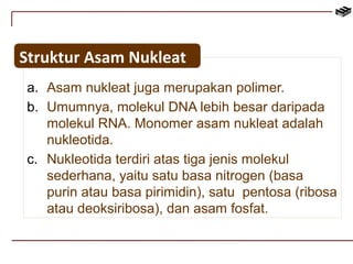 Struktur Asam Nukleat 
a. Asam nukleat juga merupakan polimer. 
b. Umumnya, molekul DNA lebih besar daripada 
molekul RNA. Monomer asam nukleat adalah 
nukleotida. 
c. Nukleotida terdiri atas tiga jenis molekul 
sederhana, yaitu satu basa nitrogen (basa 
purin atau basa pirimidin), satu pentosa (ribosa 
atau deoksiribosa), dan asam fosfat. 
 