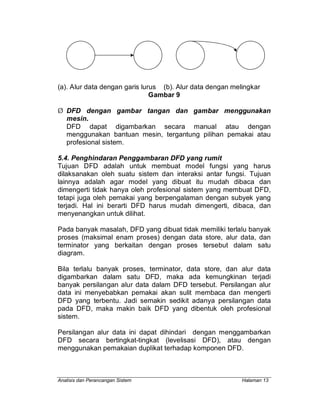 Analisis dan Perancangan Sistem Halaman 13
(a). Alur data dengan garis lurus (b). Alur data dengan melingkar
Gambar 9
Ø DFD dengan gambar tangan dan gambar menggunakan
mesin.
DFD dapat digambarkan secara manual atau dengan
menggunakan bantuan mesin, tergantung pilihan pemakai atau
profesional sistem.
5.4. Penghindaran Penggambaran DFD yang rumit
Tujuan DFD adalah untuk membuat model fungsi yang harus
dilaksanakan oleh suatu sistem dan interaksi antar fungsi. Tujuan
lainnya adalah agar model yang dibuat itu mudah dibaca dan
dimengerti tidak hanya oleh profesional sistem yang membuat DFD,
tetapi juga oleh pemakai yang berpengalaman dengan subyek yang
terjadi. Hal ini berarti DFD harus mudah dimengerti, dibaca, dan
menyenangkan untuk dilihat.
Pada banyak masalah, DFD yang dibuat tidak memiliki terlalu banyak
proses (maksimal enam proses) dengan data store, alur data, dan
terminator yang berkaitan dengan proses tersebut dalam satu
diagram.
Bila terlalu banyak proses, terminator, data store, dan alur data
digambarkan dalam satu DFD, maka ada kemungkinan terjadi
banyak persilangan alur data dalam DFD tersebut. Persilangan alur
data ini menyebabkan pemakai akan sulit membaca dan mengerti
DFD yang terbentu. Jadi semakin sedikit adanya persilangan data
pada DFD, maka makin baik DFD yang dibentuk oleh profesional
sistem.
Persilangan alur data ini dapat dihindari dengan menggambarkan
DFD secara bertingkat-tingkat (levelisasi DFD), atau dengan
menggunakan pemakaian duplikat terhadap komponen DFD.
 