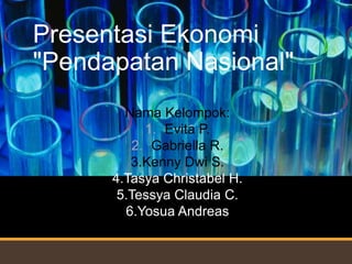 Presentasi Ekonomi
"Pendapatan Nasional"
        Nama Kelompok:
            1. Evita P.
          2. Gabriella R.
         3.Kenny Dwi S.
      4.Tasya Christabel H.
       5.Tessya Claudia C.
        6.Yosua Andreas
 