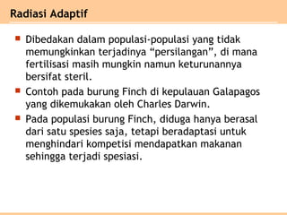  Dibedakan dalam populasi-populasi yang tidak
memungkinkan terjadinya “persilangan”, di mana
fertilisasi masih mungkin namun keturunannya
bersifat steril.
 Contoh pada burung Finch di kepulauan Galapagos
yang dikemukakan oleh Charles Darwin.
 Pada populasi burung Finch, diduga hanya berasal
dari satu spesies saja, tetapi beradaptasi untuk
menghindari kompetisi mendapatkan makanan
sehingga terjadi spesiasi.
Radiasi Adaptif
 