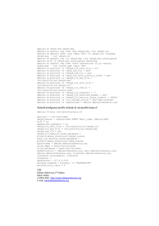 debian:~# chmod 600 smtpd.key debian:~# openssl req -new -key smtpd.key -out smtpd.csr 
debian:~# openssl x509 -req -days 3650 -in smtpd.csr -signkey smtpd.key -out smtpd.crt 
debian:~# openssl rsa -in smtpd.key -out smtpd.key.unencrypted 
debian:~# mv -f smtpd.key.unencrypted smtpd.key debian:~# openssl req -new -x509 -extensions v3_ca -keyout cakey.pem –out cacert.pem -days 3650 
debian:~# postconf -e 'smtpd_tls_auth_only = no' 
debian:~# postconf -e 'smtp_use_tls = yes' 
debian:~# postconf -e 'smtpd_use_tls = yes' 
debian:~# postconf -e 'smtp_tls_note_starttls_offer = yes' 
debian:~# postconf -e 'smtpd_tls_key_file = /etc/postfix/ssl/smtpd.key' 
debian:~# postconf -e 'smtpd_tls_cert_file = 
/etc/postfix/ssl/smtpd.crt' 
debian:~# postconf -e 'smtpd_tls_CAfile = /etc/postfix/ssl/cacert.pem' 
debian:~# postconf -e 'smtpd_tls_loglevel = 1' 
debian:~# postconf -e 'smtpd_tls_received_header = yes' 
debian:~# postconf -e 'smtpd_tls_session_cache_timeout = 3600s' 
debian:~# postconf -e 'tls_random_source = dev:/dev/urandom' 
debian:~# postconf -e 'myhostname = debian.debianIndonesia.org' 
Seluruh konfigurasi postfix terletak di /etc/postfix/main.cf. 
debian:~# more /etc/postfix/main.cf 
myorigin = /etc/mailname 
smtpd_banner = $myhostname ESMTP $mail_name (Debian/GNU) 
biff = no 
append_dot_mydomain = no 
smtpd_tls_cert_file = /etc/postfix/ssl/smtpd.crt 
smtpd_tls_key_file = /etc/postfix/ssl/smtpd.key 
smtpd_use_tls = yes 
smtpd_tls_session_cache_database = btree:${queue_directory}/smtpd_scache 
smtp_tls_session_cache_database = btree:${queue_directory}/smtp_scache 
myhostname = debian.debianIndonesia.org 
alias_maps = hash:/etc/aliases 
alias_database = hash:/etc/aliases 
mydestination = debianIndonesia.org, mail.debianIndonesia.org, debian.debianIndonesia.org, localhost.debianIndonesia.org, localhost.localdomain, localhost 
relayhost = 
mynetworks = 127.0.0.0/8 
mailbox_command = procmail -a "$EXTENSION" 
mailbox_size_limit = 0 
120 
Debian GNU/Linux 2nd Edition 
Askari Azikin 
©2004-2007, http://www.debianindonesia.org 
E-mail: kari@debianindonesia.org 
 