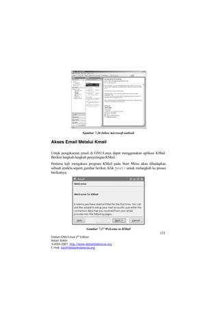 Gambar 7.26 Inbox microsoft outlook 
Akses Email Melalui Kmail 
Untuk pengaksesan email di GNU/Linux dapat menggunakan aplikasi KMail. Berikut langkah-langkah penyetingan KMail. 
Pertama kali mengakses program KMail pada Start Menu akan dihadapkan sebuah jendela seperti gambar berikut. Klik Next> untuk melangkah ke proses berikutnya. 131 
Debian GNU/Linux 2nd Edition 
Askari Azikin 
©2004-2007, http://www.debianindonesia.org 
Gambar 7.27 Welcome to KMail 
E-mail: kari@debianindonesia.org 
 