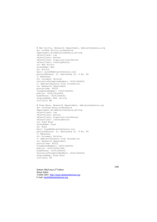 # Muh Arifin, Research Department, debianIndonesia.org 
dn: cn=Muh Arifin,ou=Research Department,dc=debianIndonesia,dc=org 
objectClass: top 
objectClass: person 
objectClass: organizationalPerson 
objectClass: inetOrgPerson 
cn: Muh Arifin 
givenName: Muh 
sn: Arifin 
mail: ipink@debianIndonesia.org 
postalAddress: Jl. Banta2eng Lr. 9 No. 90 
l: Makassar 
st: Sulawesi Selatan 
facsimileTelephoneNumber: +624118x4261 
o: debianIndonesia free foundation 
ou: Research Department 
postalCode: 90222 
telephoneNumber: +624118x4261 
mobile: +6281241x2602 
homePhone: +624118x4261 
displayName: Muh. Arifin 
initials: MA 
# Fuad Reza, Research Department, debianIndonesia.org 
dn: cn=Fuad Reza,ou=Research Department,dc=debianIndonesia,dc=org 
objectClass: top 
objectClass: person 
objectClass: organizationalPerson 
objectClass: inetOrgPerson 
cn: Fuad Reza 
givenName: Fuad 
sn: Reza 
mail: fuad@debianIndonesia.org 
postalAddress: Jl. Banta2eng Lr. 9 No. 90 
l: Makassar 
st: Sulawesi Selatan 
o: debianIndonesia free foundation 
ou: Research Department 
postalCode: 90222 
telephoneNumber: +624118x4261 
mobile: +62813420x7486 
homePhone: +624118x4261 
facsimileTelephoneNumber: +624118x4261 
displayName: Fuad Reza 
initials: FR 
149 
Debian GNU/Linux 2nd Edition 
Askari Azikin 
©2004-2007, http://www.debianindonesia.org 
E-mail: kari@debianindonesia.org 
 